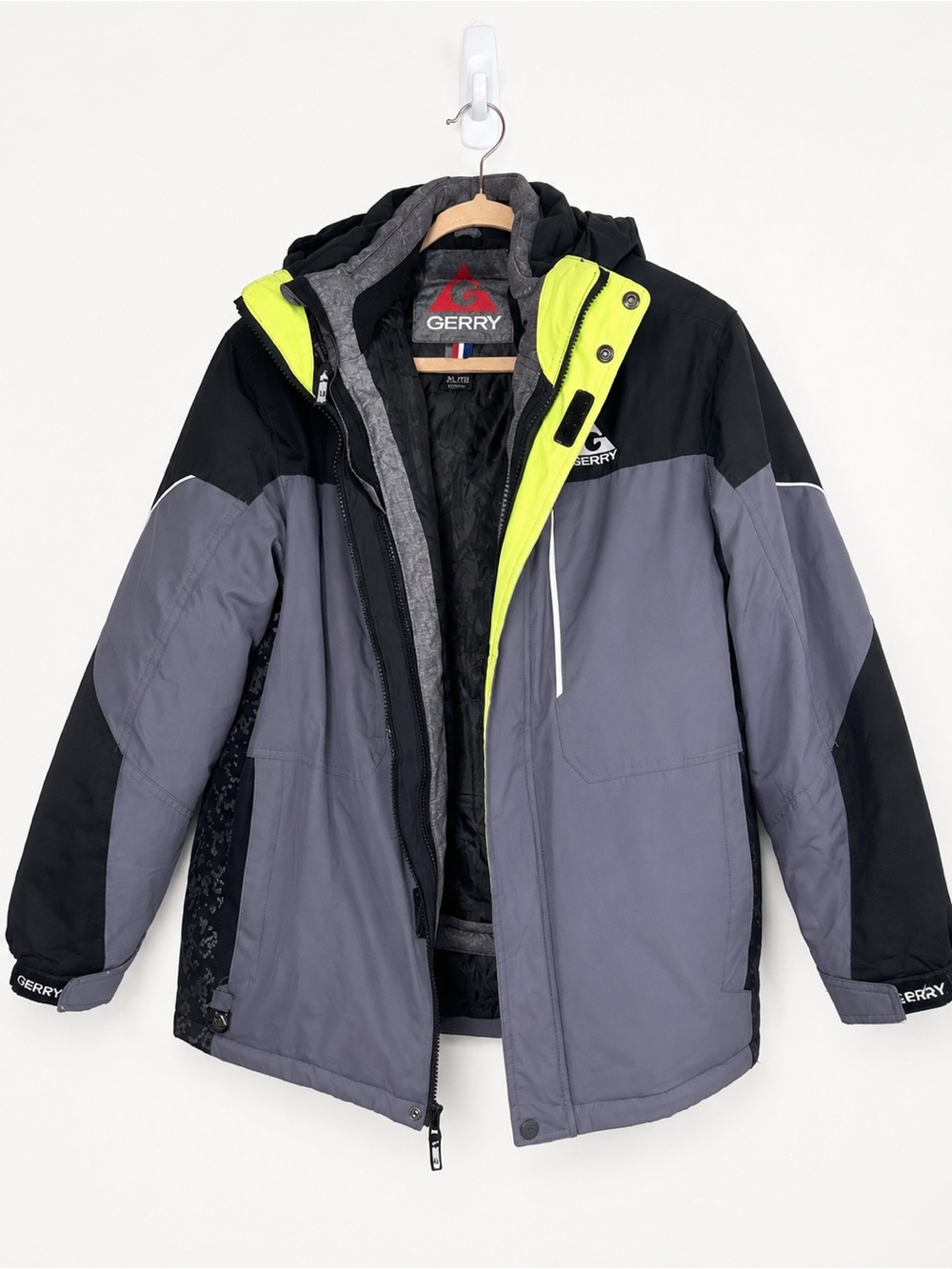Gerry Boys L 14/16 Hooded Winter Coat Gray Black Neon Yellow Snow Ski Jacket
